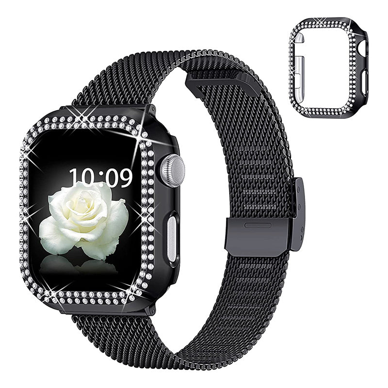 For Apple Watch Series 6 5 4 44mm SE 44mm SE (2022) 44mm Milanese Metal Watch Band T-shape Buckle Wrist Strap with Rhinestone Decor PC Watch Case For Apple Watch Series 6 5 4 44mm SE 44mm SE (2022) 44mm Milanese Metal Watch Band T-shape Buckle Wrist Strap with Rhinestone Decor PC Watch Case